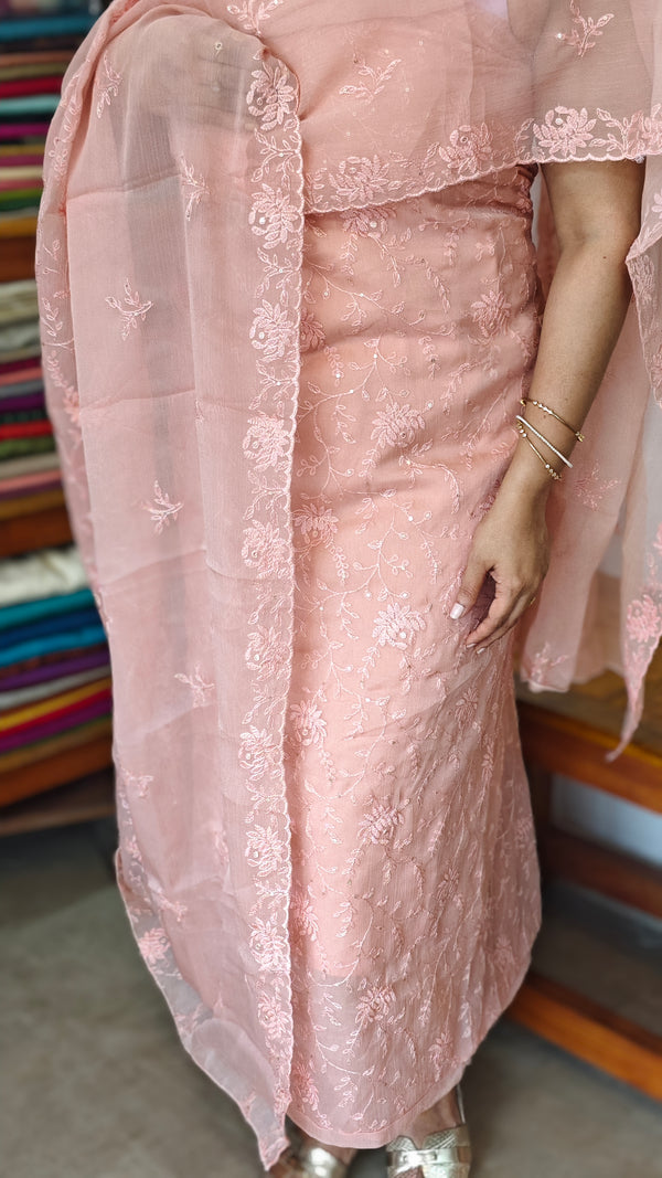 Peach Embroidered Crushed Organza Suit - PFV4