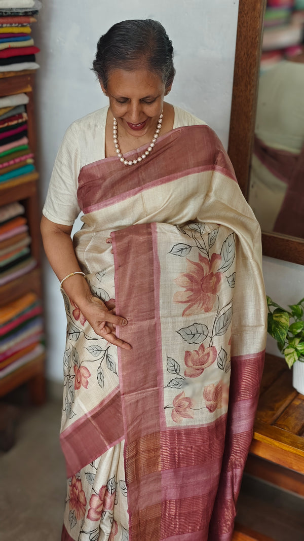 Cream and Mauve Printed Desi Tussar Silk Saree - EX2831