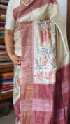 Cream and Mauve Printed Desi Tussar Silk Saree - EX2831