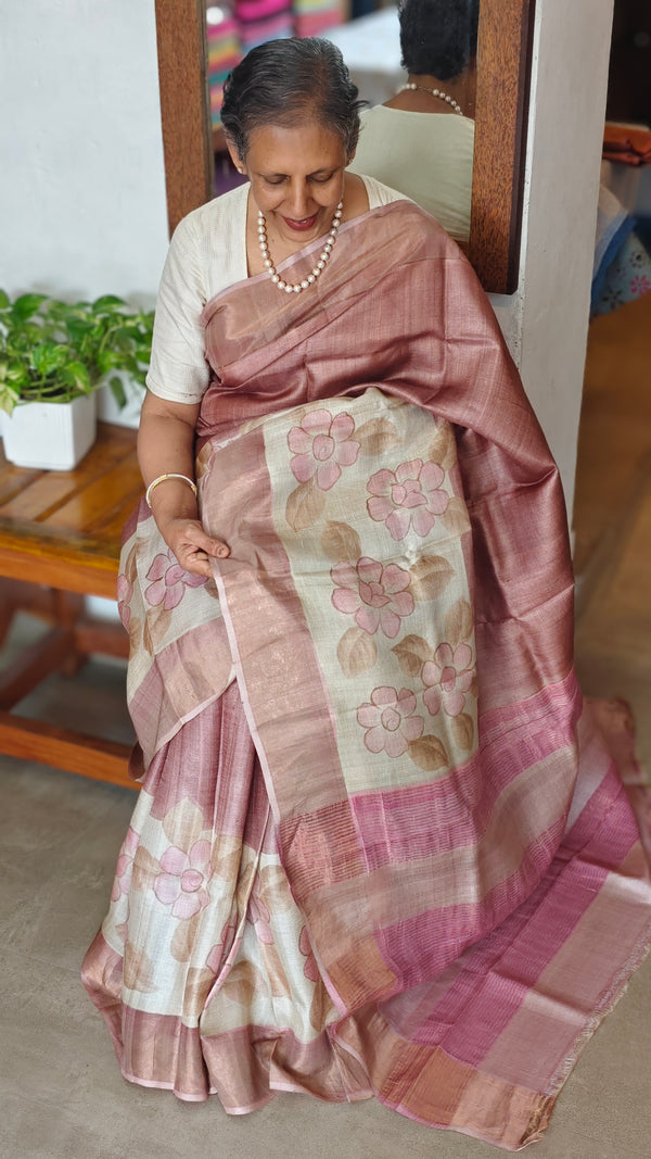 Mauve and Cream Printed Desi Tussar Silk Saree - EX2831