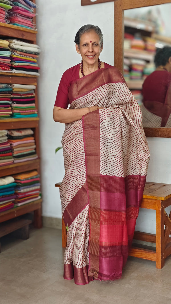 Wine and Cream Printed Desi Tussar Silk Saree - EX2832