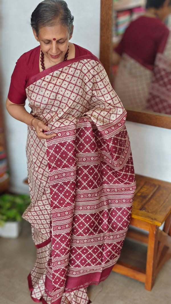 Cream and Maroon Printed Desi Tussar Silk Saree - EX2843