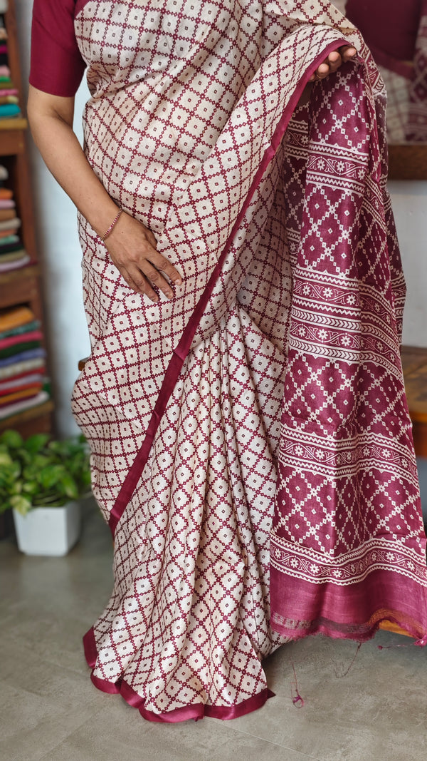 Cream and Maroon Printed Desi Tussar Silk Saree - EX2843