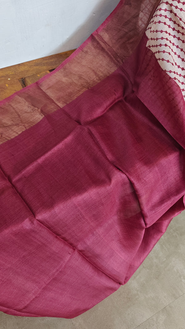 Cream and Maroon Printed Desi Tussar Silk Saree - EX2843