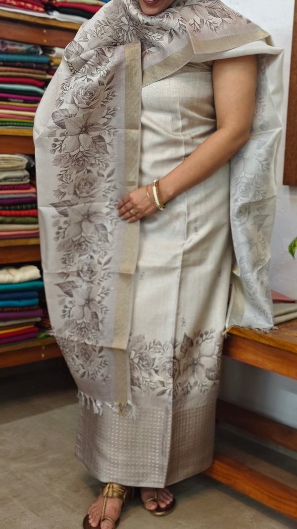 Ash and Grey Printed Woven Semi Silk Suit - CSU8