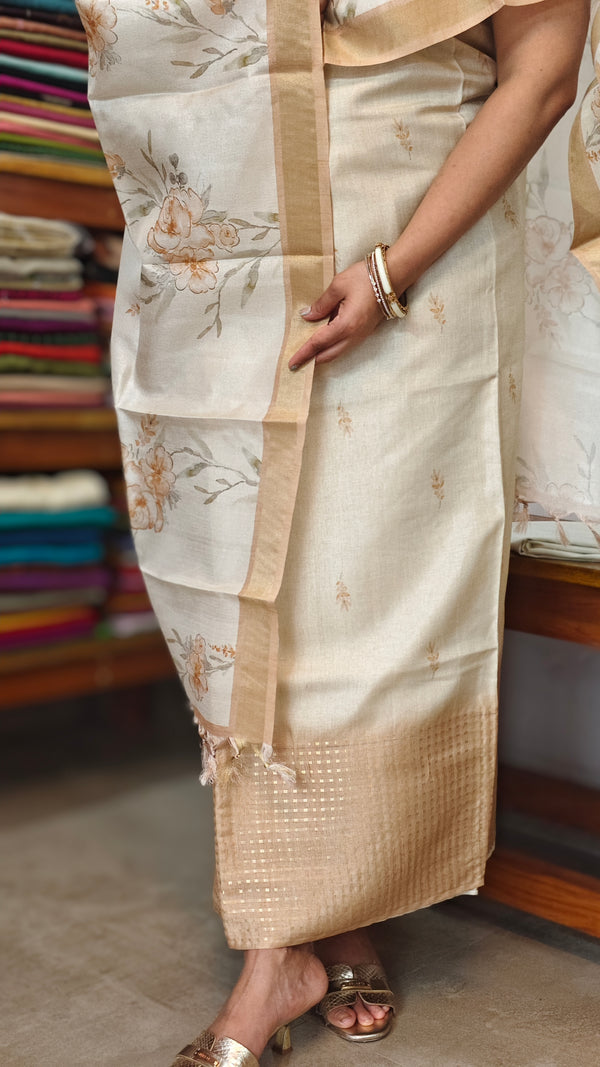Cream and Brown Woven and Printed Semi Silk Suit - CSU8