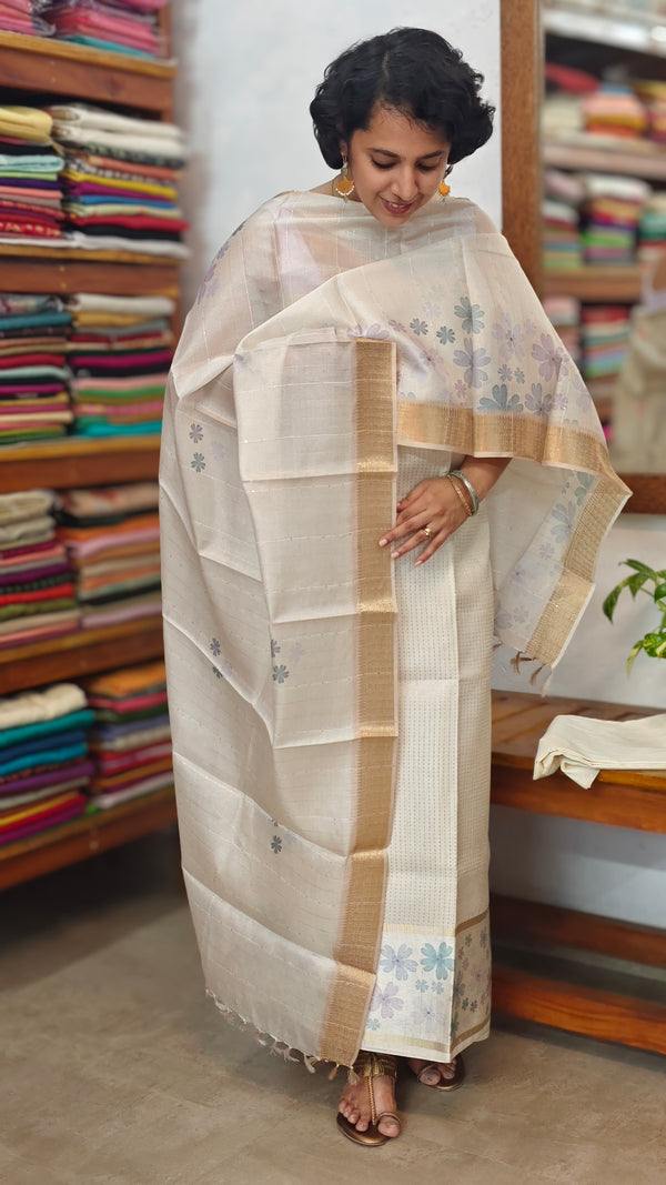 Cream and Gold Zari Striped Semi silk Suit - CSU7 - D10