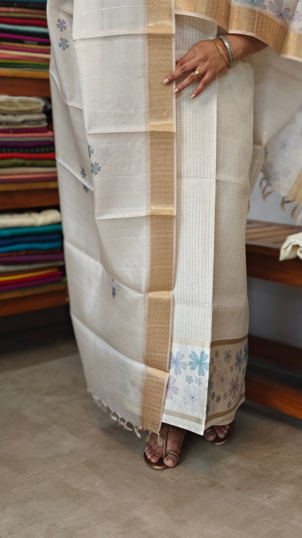 Cream and Gold Zari Striped Semi silk Suit - CSU7 - D10