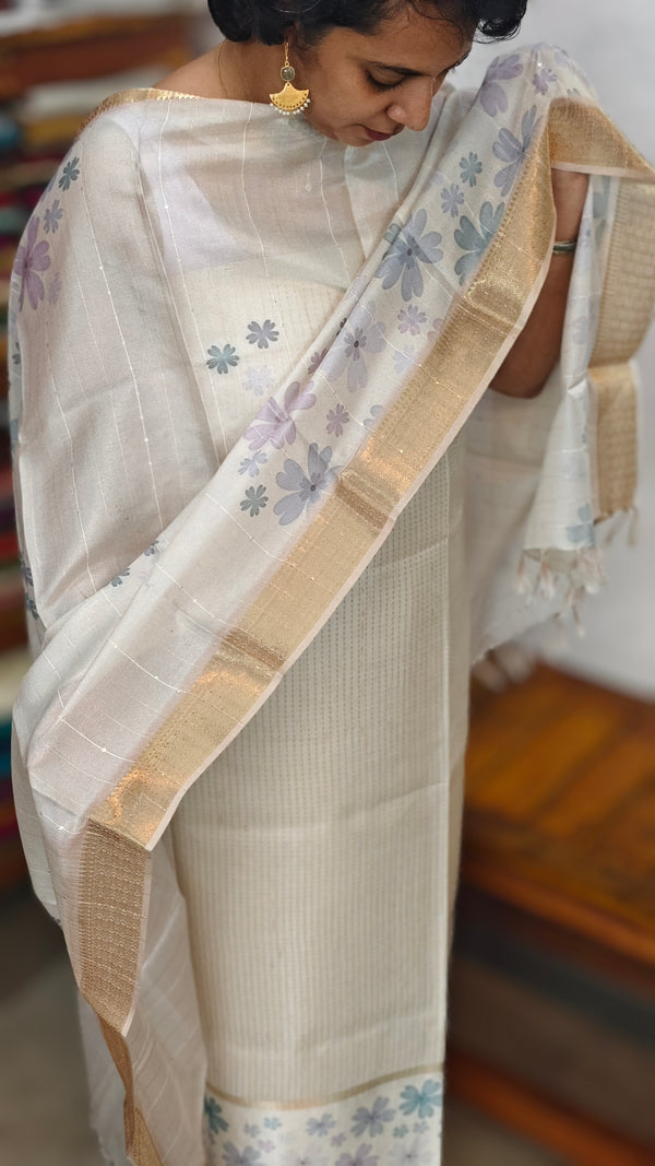 Cream and Gold Zari Striped Semi silk Suit - CSU7 - D10