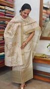 Cream and Olive Green Woven and Printed Semi Silk Suit - CSU8