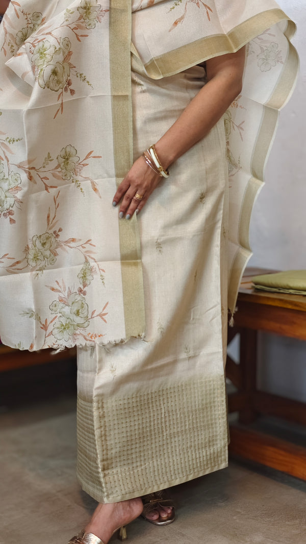 Cream and Olive Green Woven and Printed Semi Silk Suit - CSU8