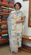 Off White and Blue Net Kota Suit with Applique work and Embroidery - 4221