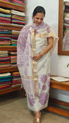 Off white and Lavender Net Kota suit with Applique and Embroidery - 4221
