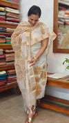 Off White and Mustard Net Kota Suit with Applique and Embroidery - 4221