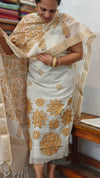 Off White and Mustard Net Kota Suit with Applique and Embroidery - 4221