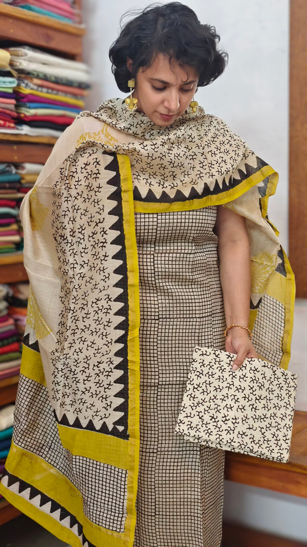 Black and Light Beige Geometric Block Print Chanderi Silk Suit - MC059
