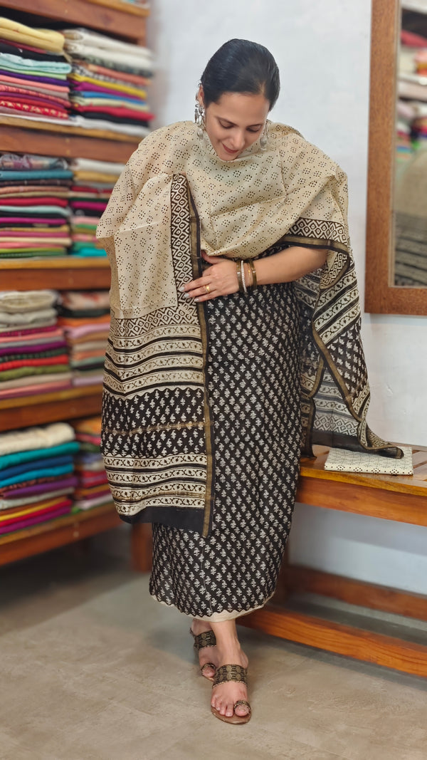 Black and Beige Block Printed Chanderi Silk Suit - MC059