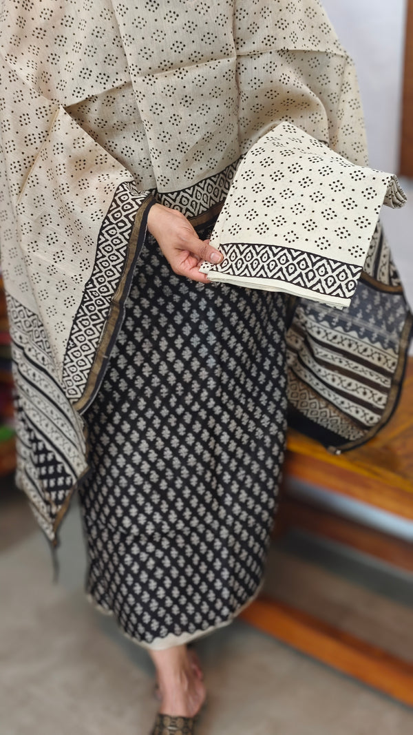 Black and Beige Block Printed Chanderi Silk Suit - MC059