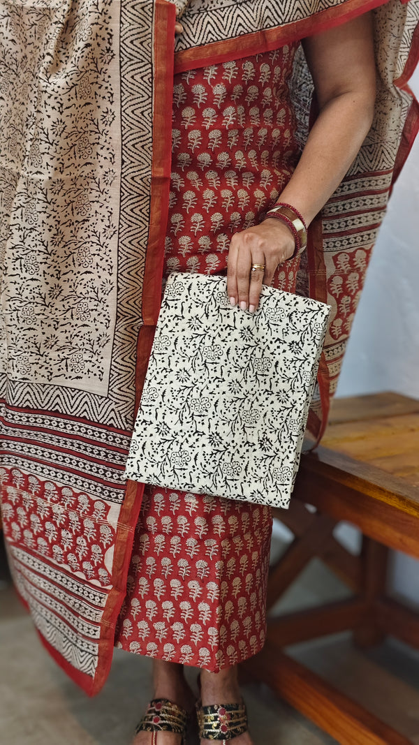 Brick Red and Beige Block Printed Chanderi Silk Suit - MC059