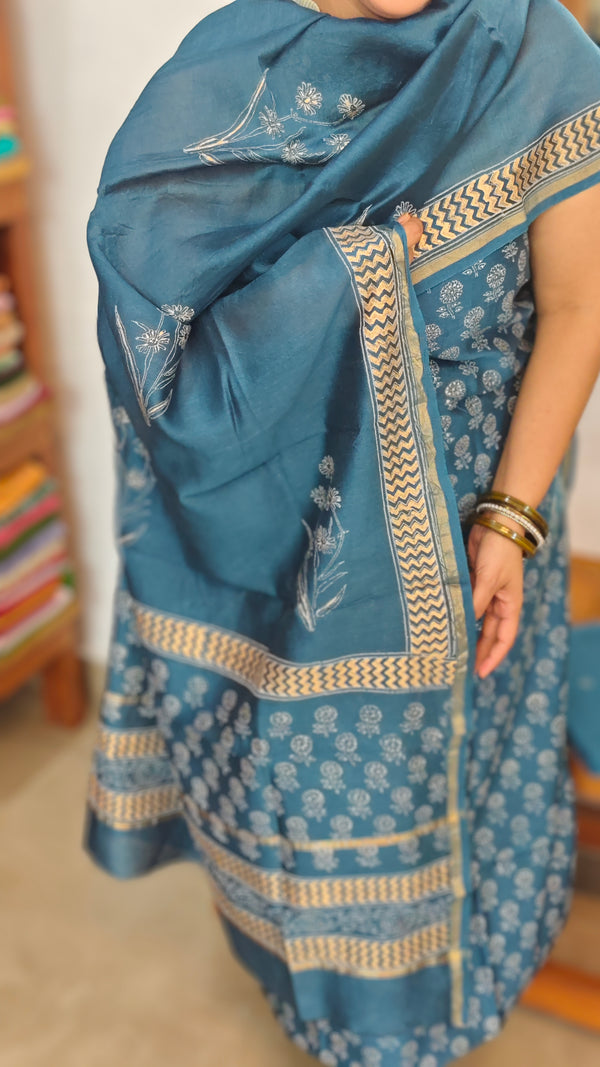 Blue Block Printed Chanderi Silk Suit - MC059