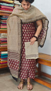 Wine and Beige Block Printed Chanderi Silk Suit - MC059