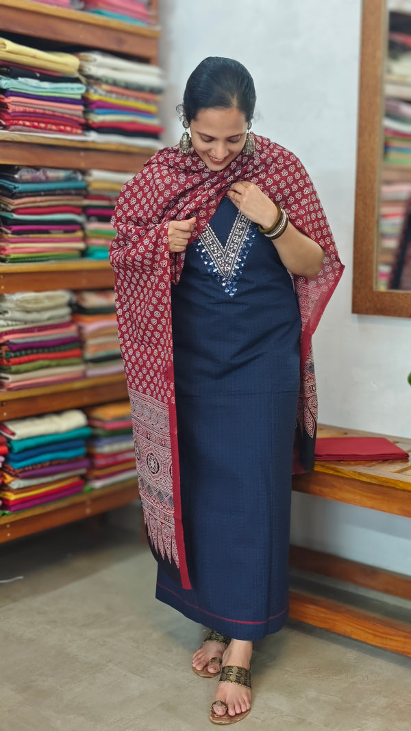 Navy Blue Cotton Suit with hand embroidery - XC33