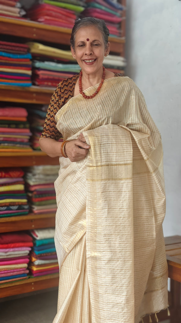 Light Beige and Gold Mini Checks Semi Silk Saree - TR26