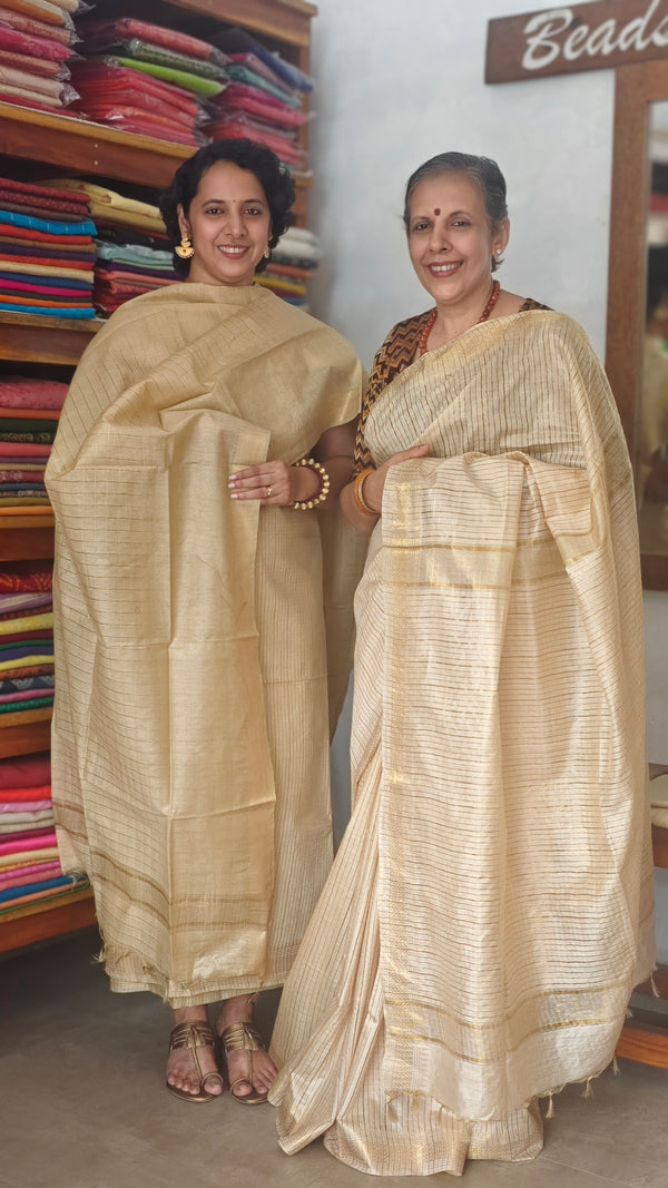 Light Beige and Gold Mini Checks Semi Silk Saree - TR26
