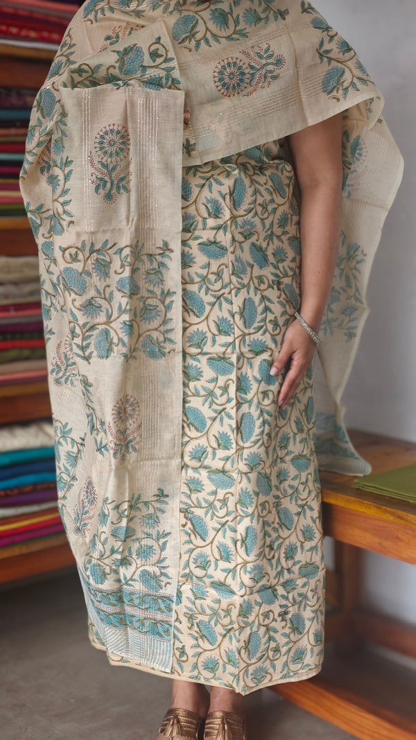 Beige Block printed Chanderi Suit