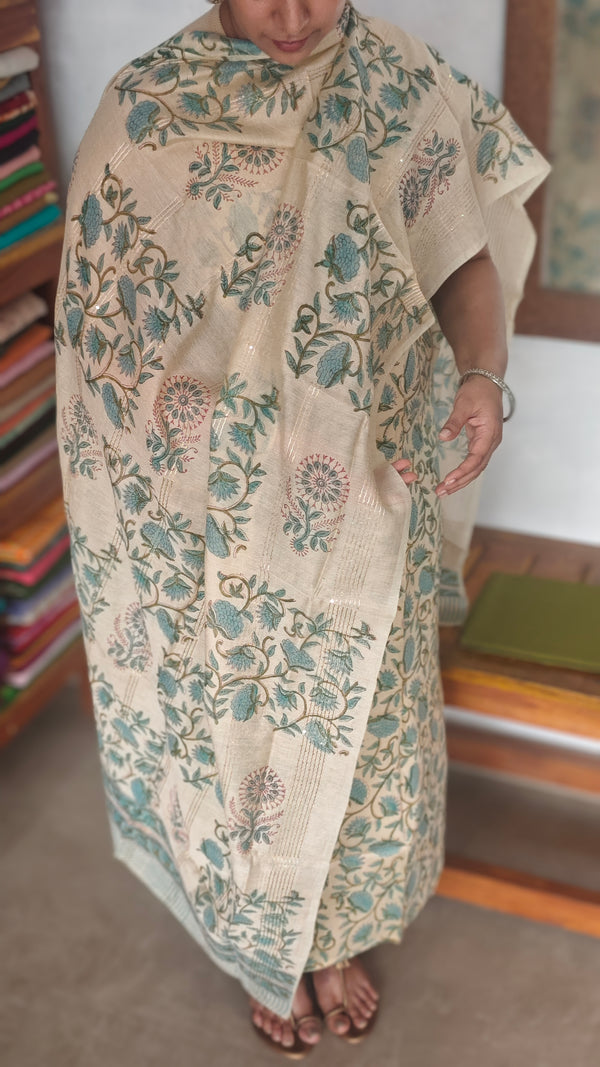 Beige Block printed Chanderi Suit