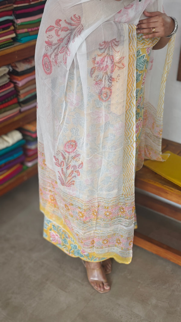 Yellow Floral Printed cotton Suit with chiffon dupatta