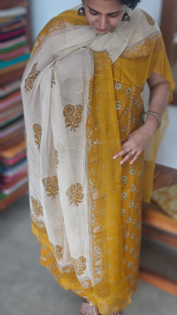 Dark Mustard Block Printed Cotton Suit with Chiffon Dupatta