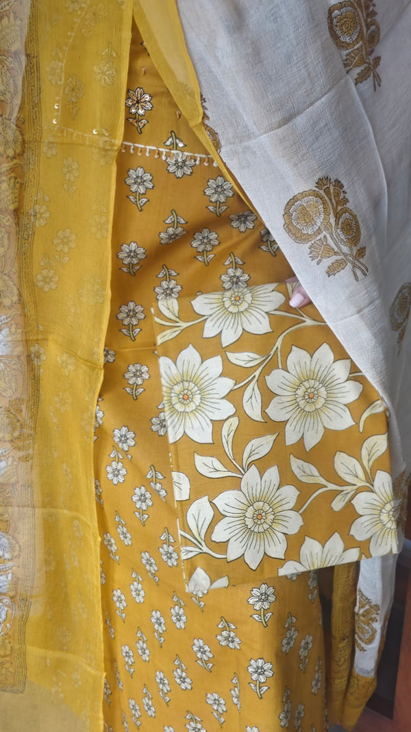 Dark Mustard Block Printed Cotton Suit with Chiffon Dupatta