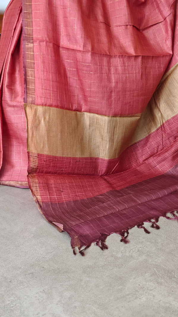 Peach and Wine Zari Checked Desi Tussar Silk Saree - KPR3