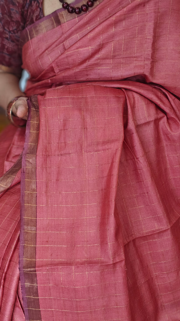 Peach and Wine Zari Checked Desi Tussar Silk Saree - KPR3