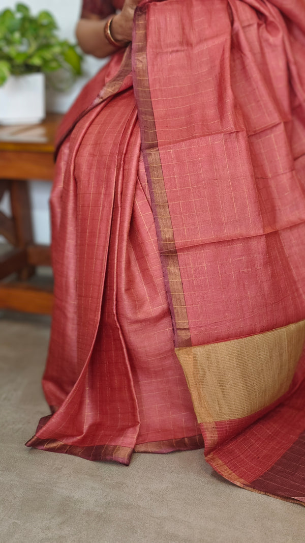 Peach and Wine Zari Checked Desi Tussar Silk Saree - KPR3