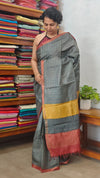 Blusih Grey and Brick Red Zari Checked Desi Tussar Silk Saree - KPR3