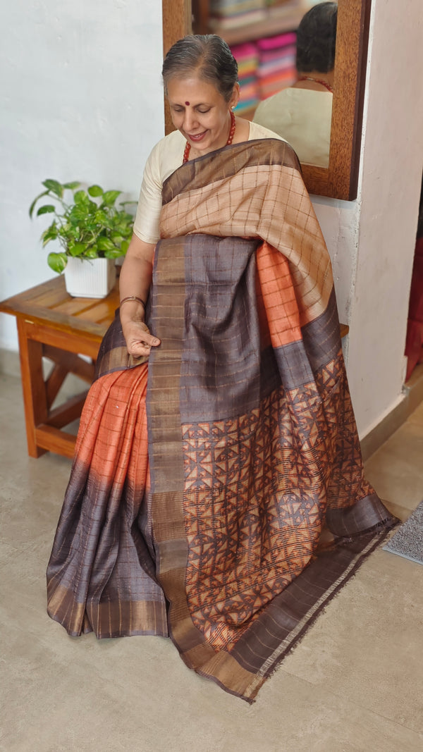 Three shade Zari Checked Desi Tussar Silk Saree - KPR3