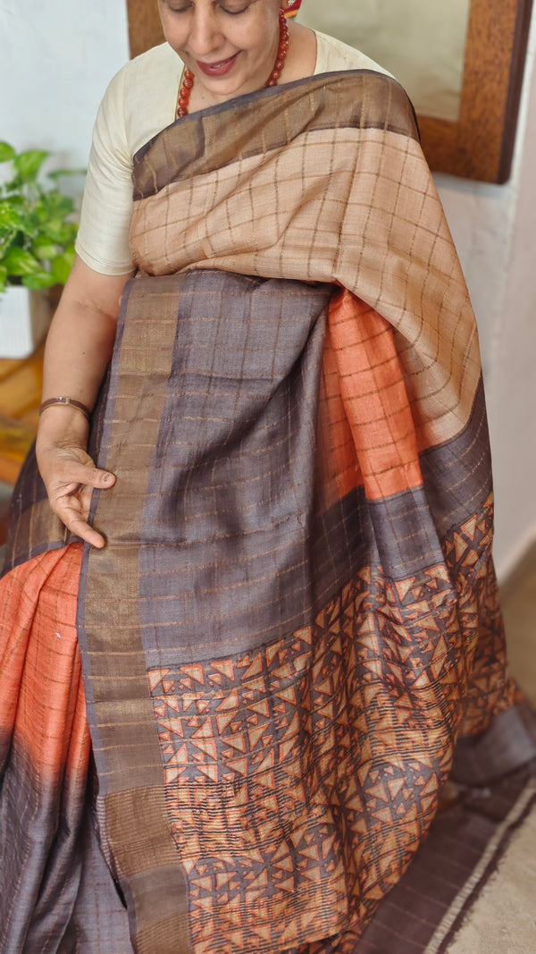 Three shade Zari Checked Desi Tussar Silk Saree - KPR3