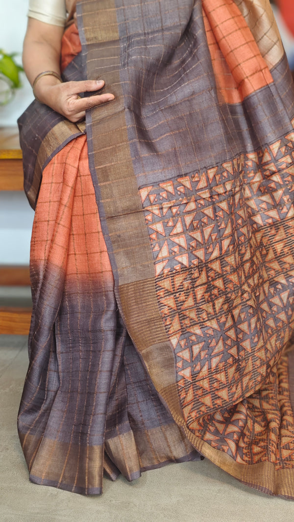 Three shade Zari Checked Desi Tussar Silk Saree - KPR3