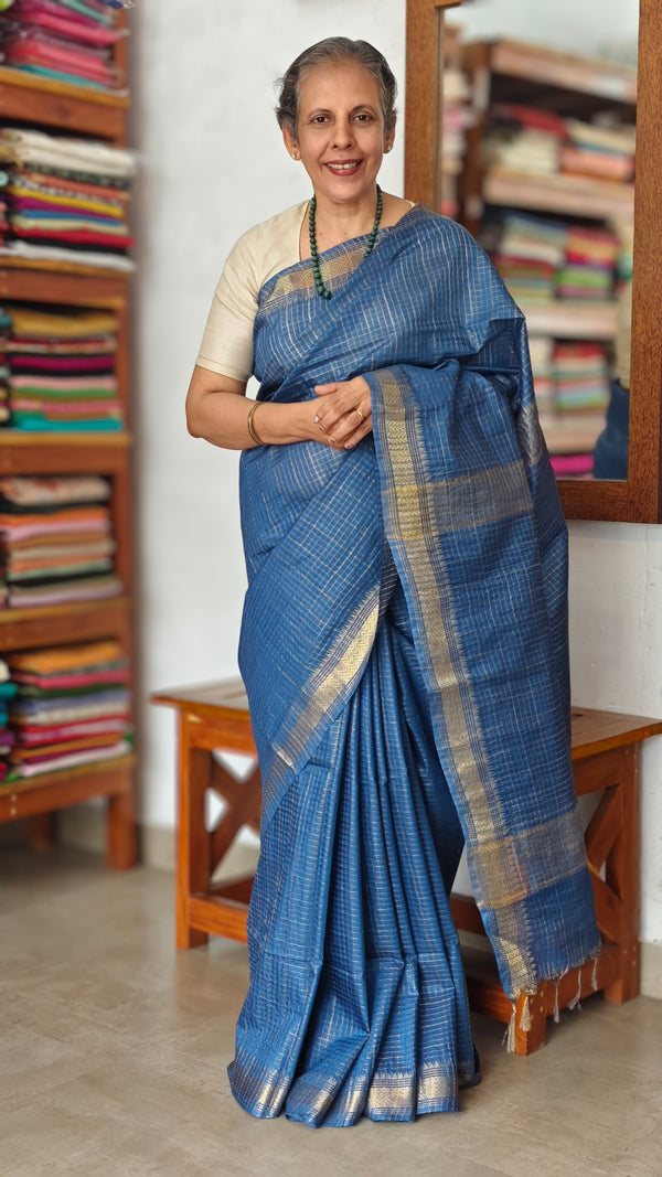 True Blue Mini Checks Semi Silk Saree - BGR8