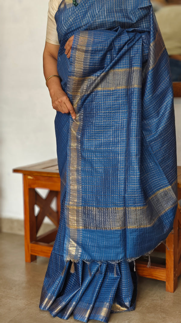 True Blue Mini Checks Semi Silk Saree - BGR8
