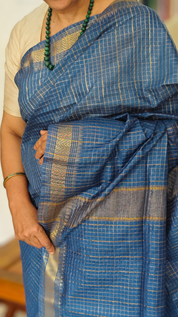 True Blue Mini Checks Semi Silk Saree - BGR8