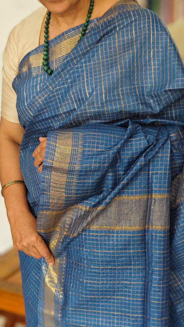 True Blue Mini Checks Semi Silk Saree - BGR8