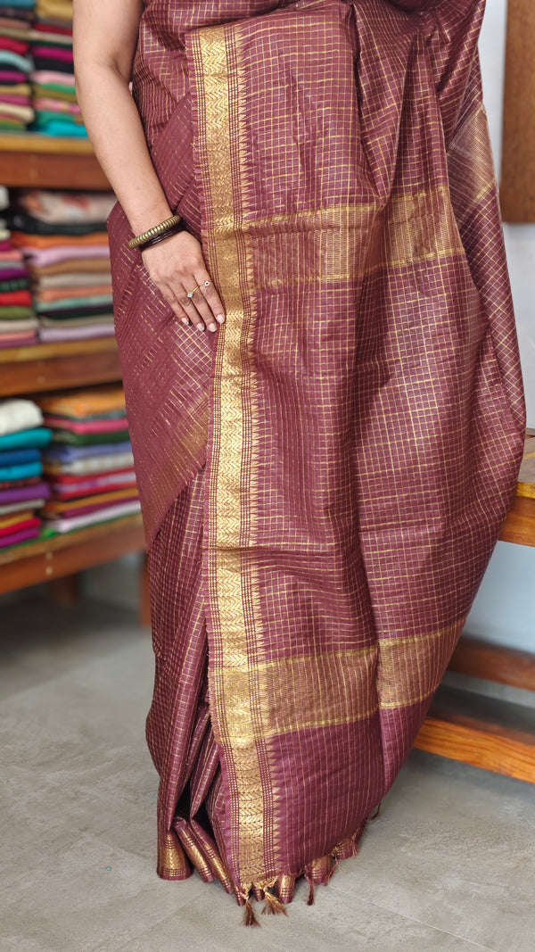 Wine Brown Mini Checks Semi Silk Saree - BGR8