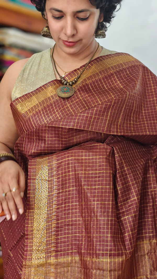 Wine Brown Mini Checks Semi Silk Saree - BGR8