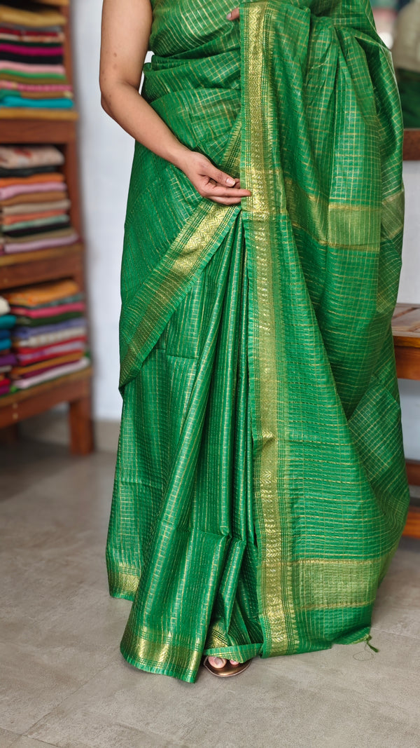 Forest Green Mini Checks Semi Silk Saree - BGR8