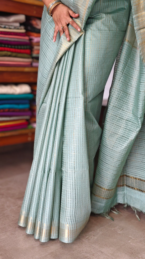 Pastel Teal Mini Checks Semi Silk Saree - BGR8