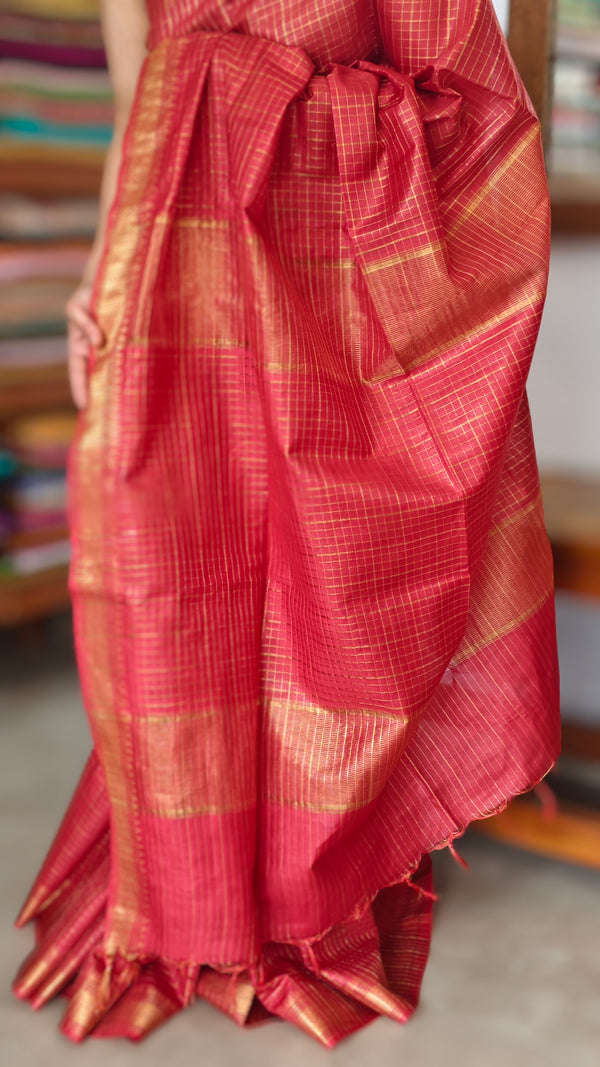 Scarlet Red Mini Checks Semi Silk Saree - BGR8