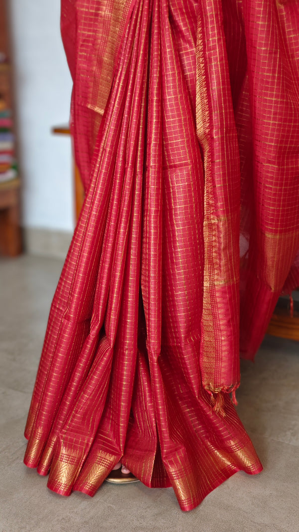 Scarlet Red Mini Checks Semi Silk Saree - BGR8